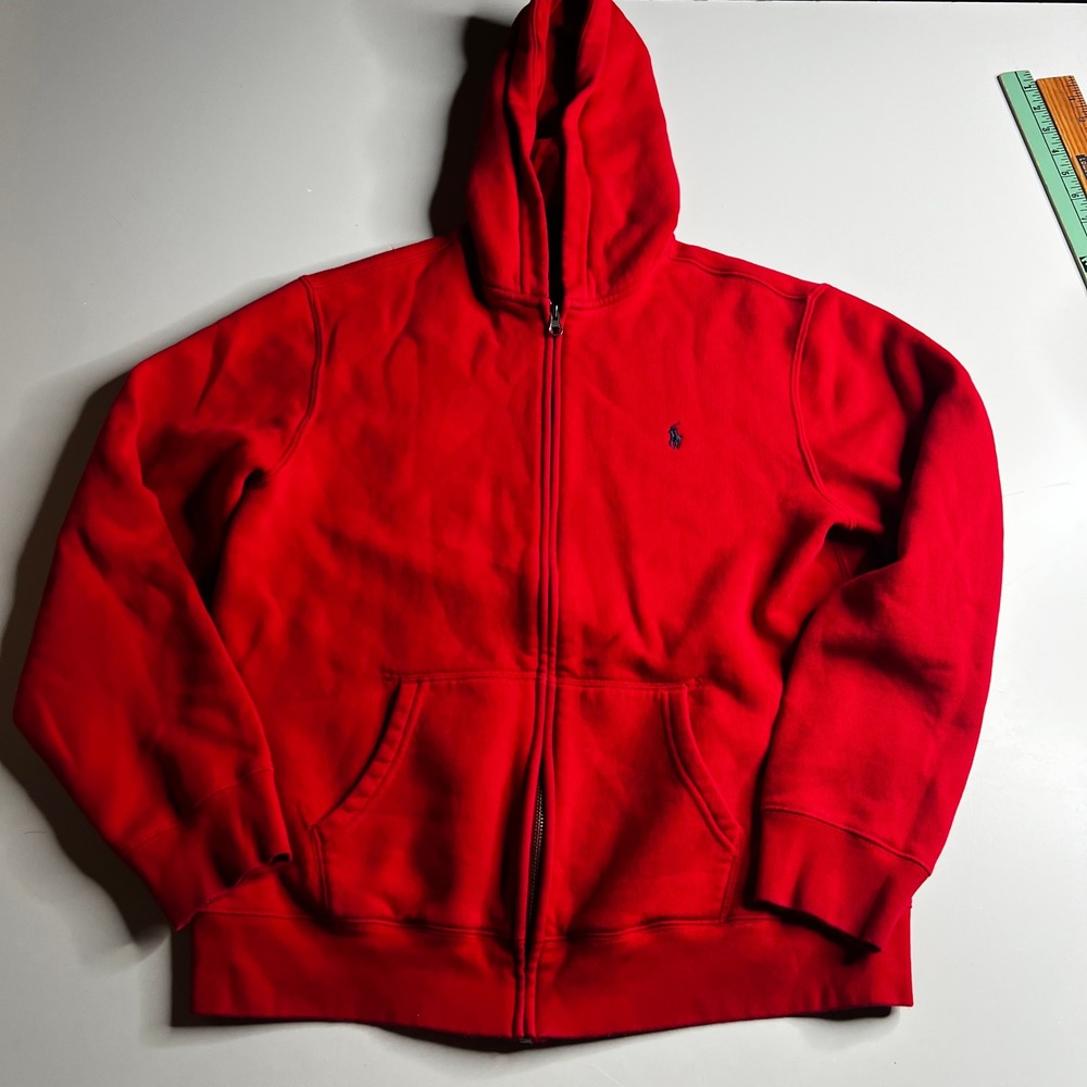 Polo Ralph Lauren Boys Red Full Zip Hoodie Sweatshirt XL 18-20 Navy Pony Logo